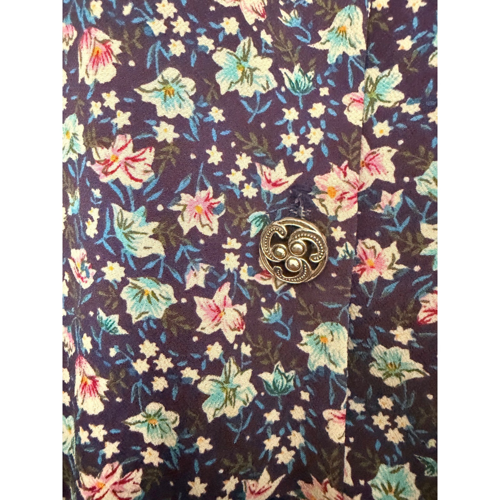 Leslie Fay Vintage Floral Midi Dress Purple Pink Short Sleeve Elastic Waist