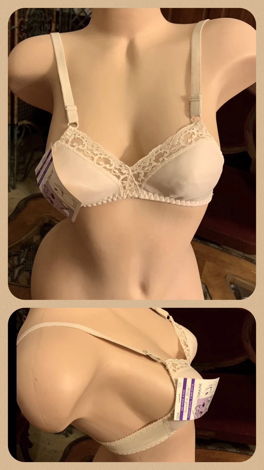 Vintage Bra Smooth Seamless Beige Nude Lace Trim Beige Adjustable 1970s NEW 32A