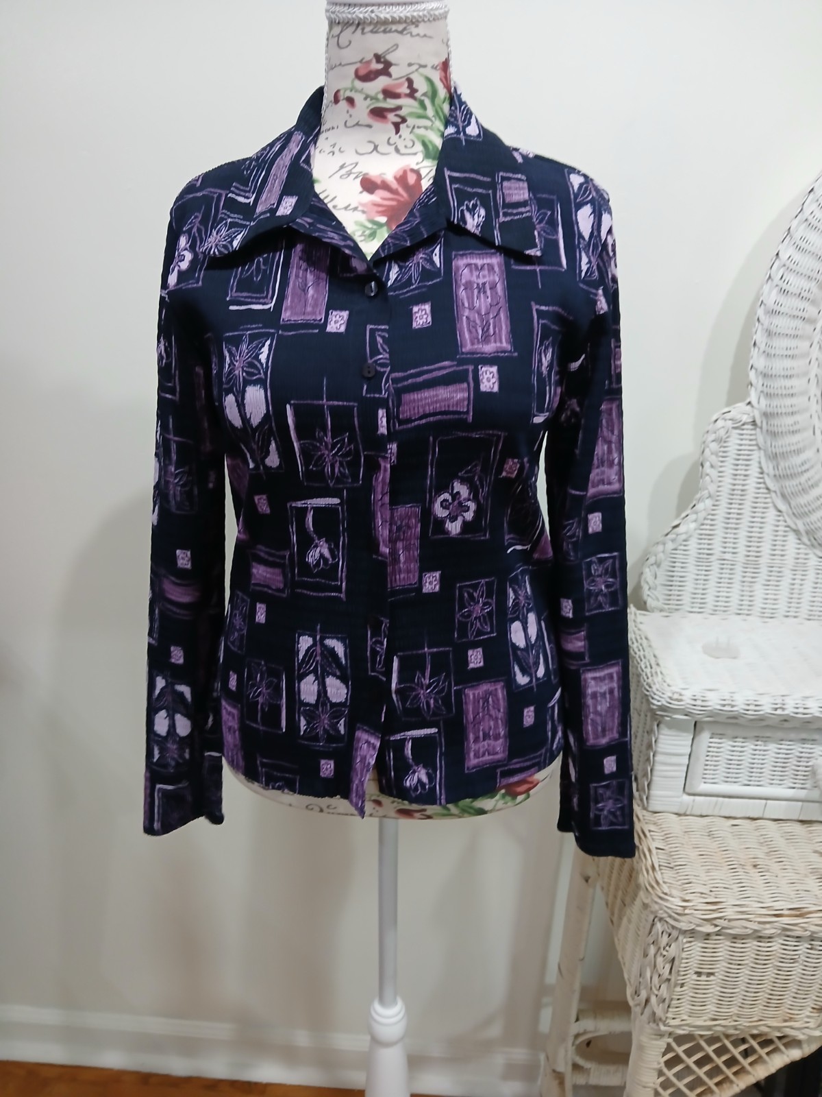 80’s Vintage Milano Funky Ribbed Stretchy Long Sleeve Button Blouse (A3)