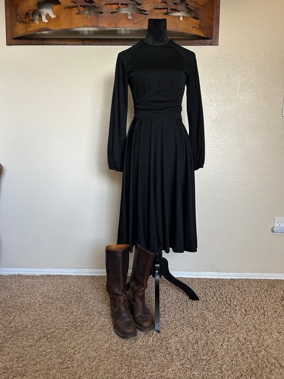Union Made Black 1970s Midi Dress With High Neck Stevie Nicks