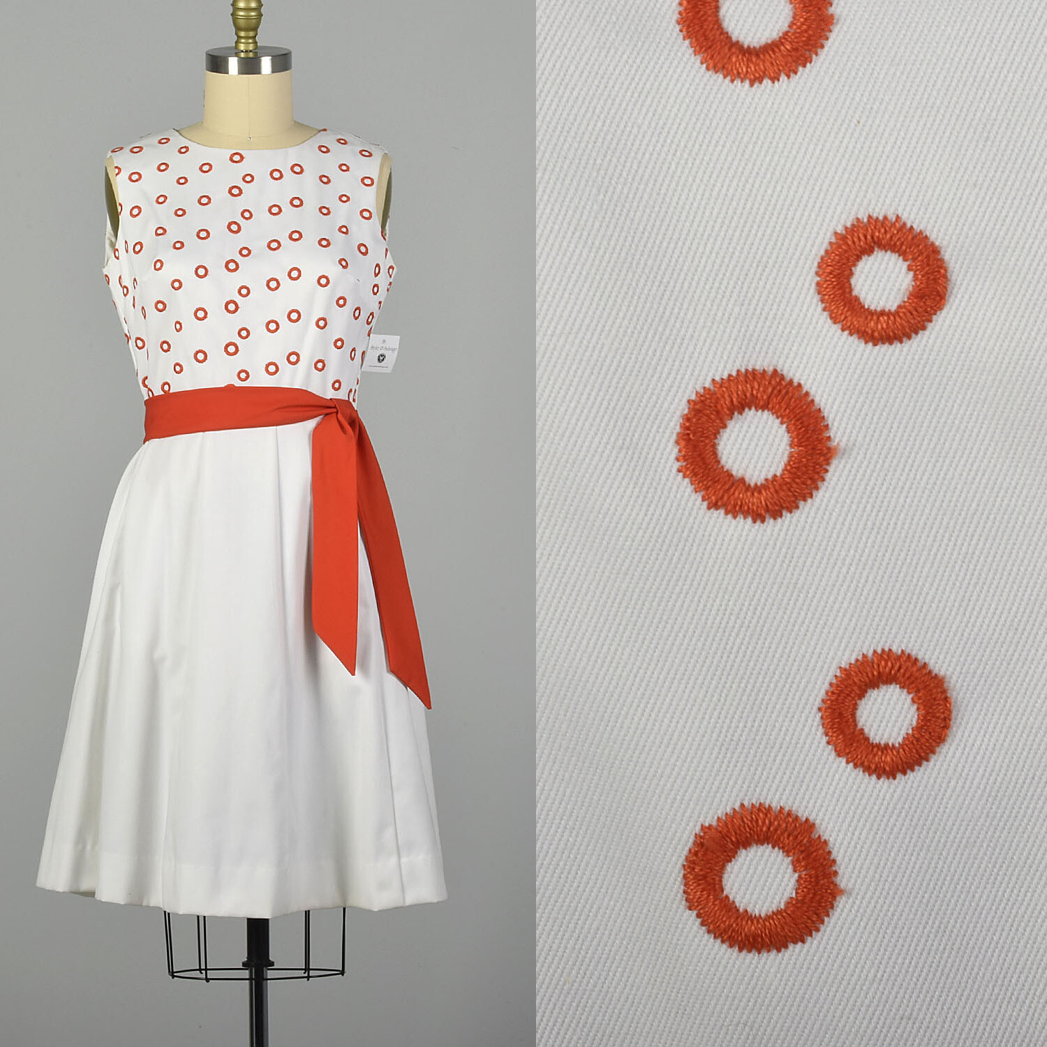 XL 1960s Pat Premo Dress White with Orange Embroidery and Bow VTG 60s
