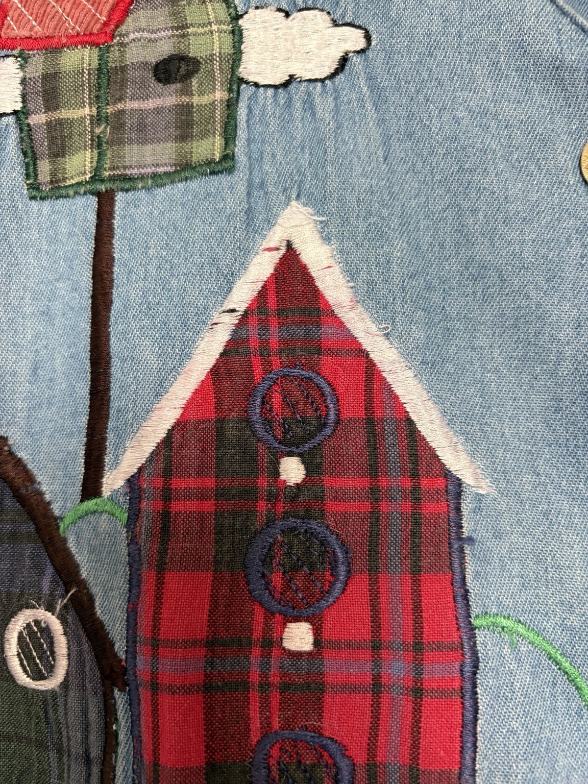 Vintage Women’s 14 Cottage Core Granny Denim Embroidered Birdhouse Top *READ*
