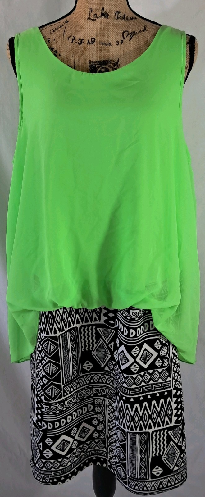 VTG Deb Y2K Neon Green Sheer Tank W/Aztec Skirt 1pc Sz 3X RARE Whimsigoth *READ