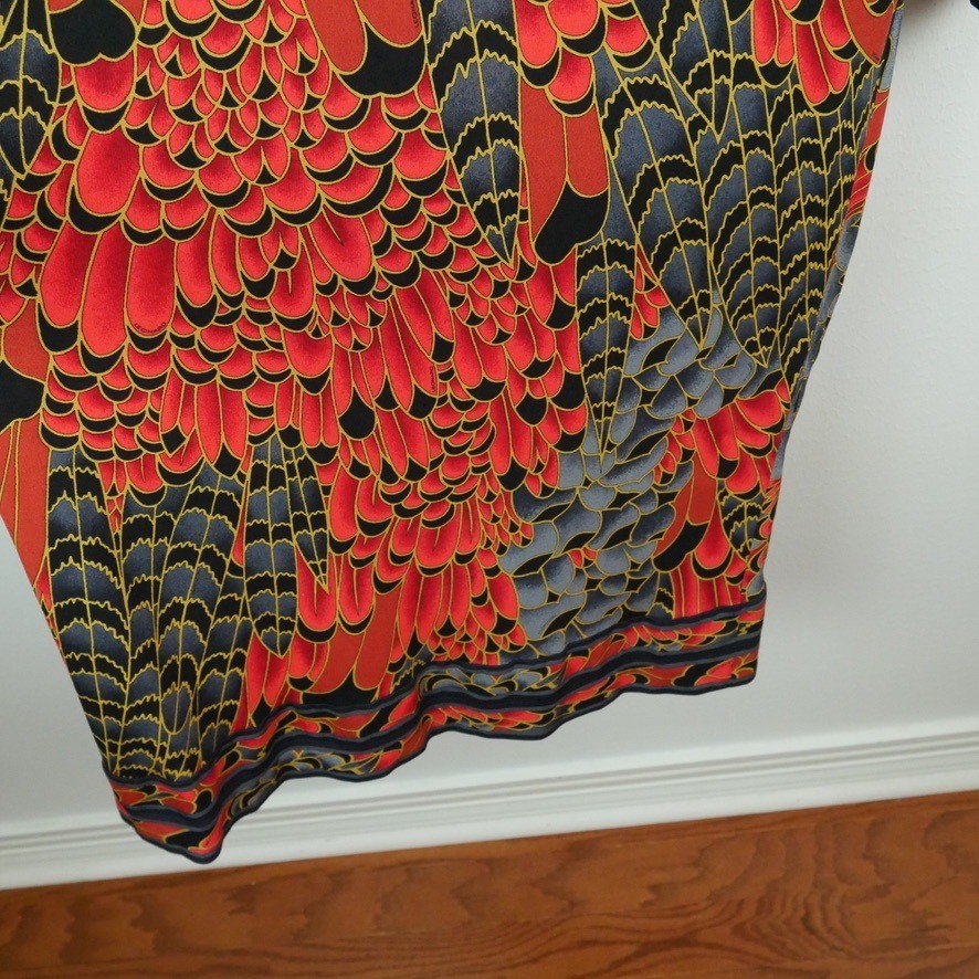 Vintage Leonard Fashion Paris Silk Velvet Feather Print Midi Dress Luxury 80s