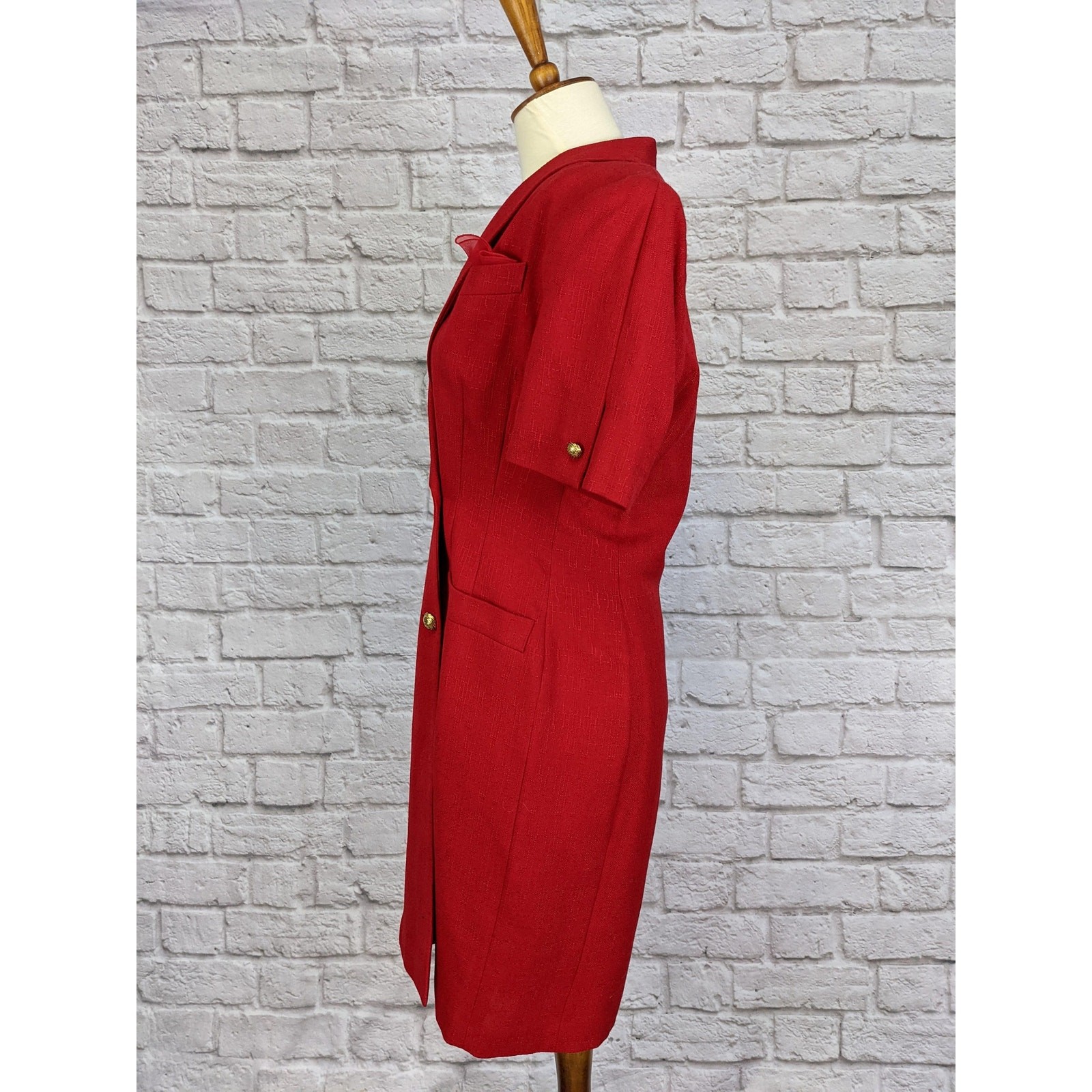 Vintage 80’s Sheath Dress – Red Double Breasted Button Front Size 6 Petite