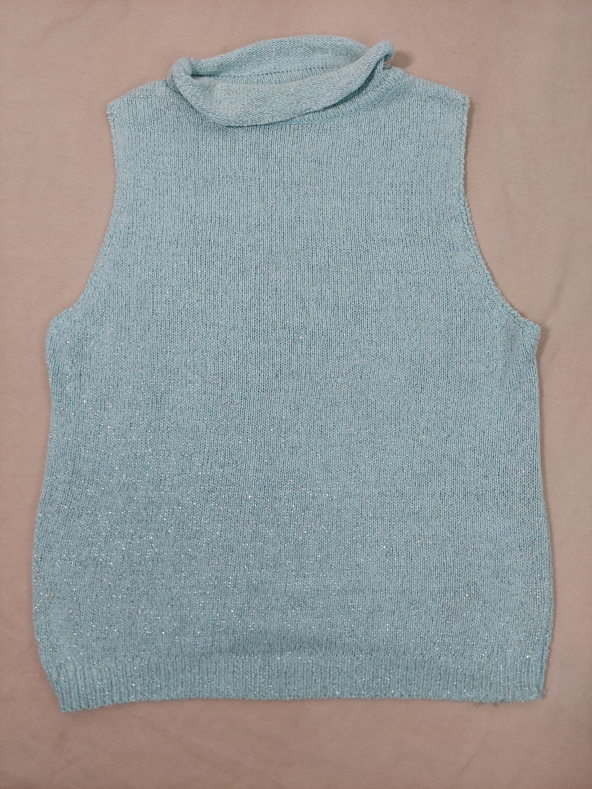 Vintage Y2K Sparkly Sleeveless Turtleneck Silk Angora Knit Top Aqua Blue Spring