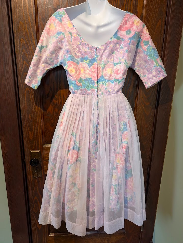 1950s VTG PASTEL FLORAL MIDI DRESS pleated sheer organza & calico XXS 0 1F