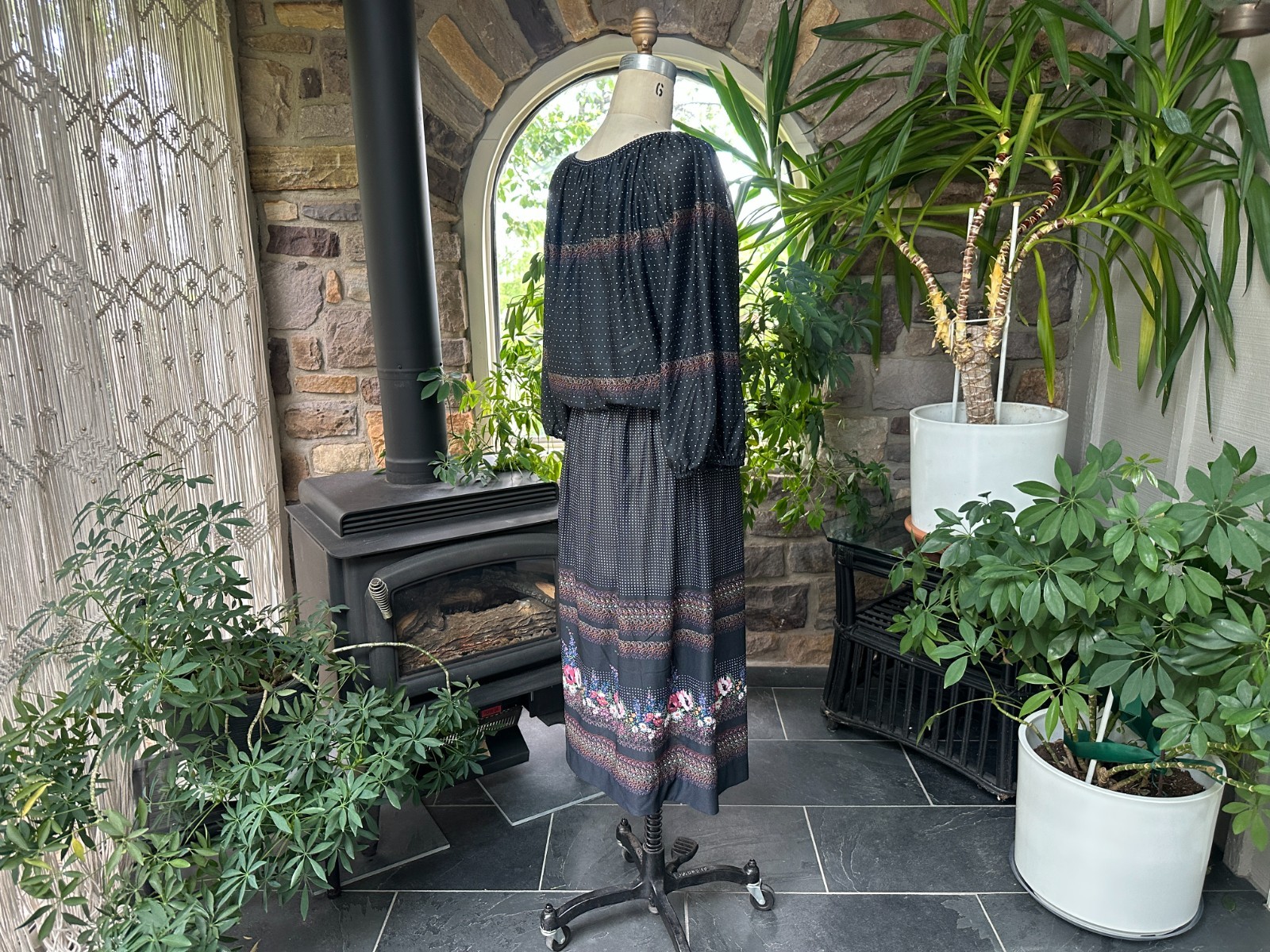 Vintage 1970s Black Floral and Polka Dot Knit Dress Liz Roberts Inc