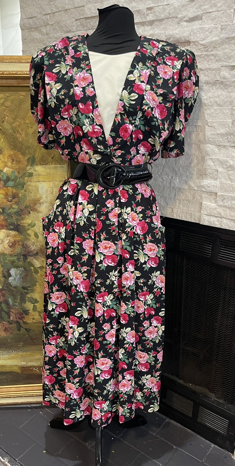 VTG 80s Cottage Core Trad Wife Floral Party Belted Day Dress Modest Size 1