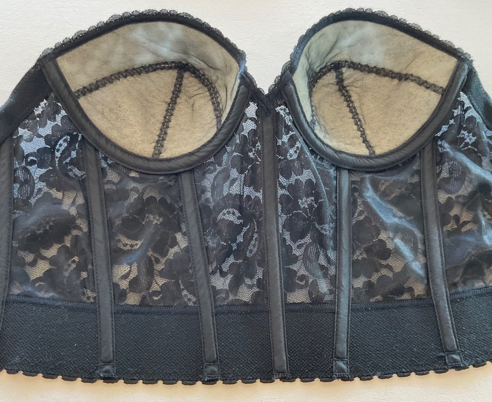 Vintage Shape Mate Black Lace Strapless Corset Bustier Ribbed Bra 36B