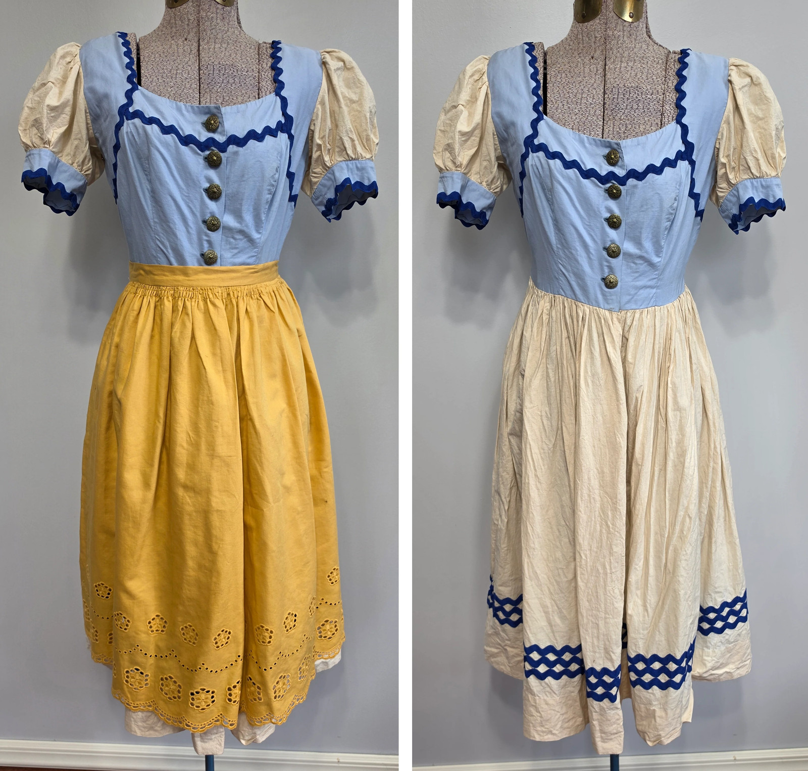 Vintage 1930s 1940s German Light Blue Dirndl Dress & Yellow Apron WWII Austrian