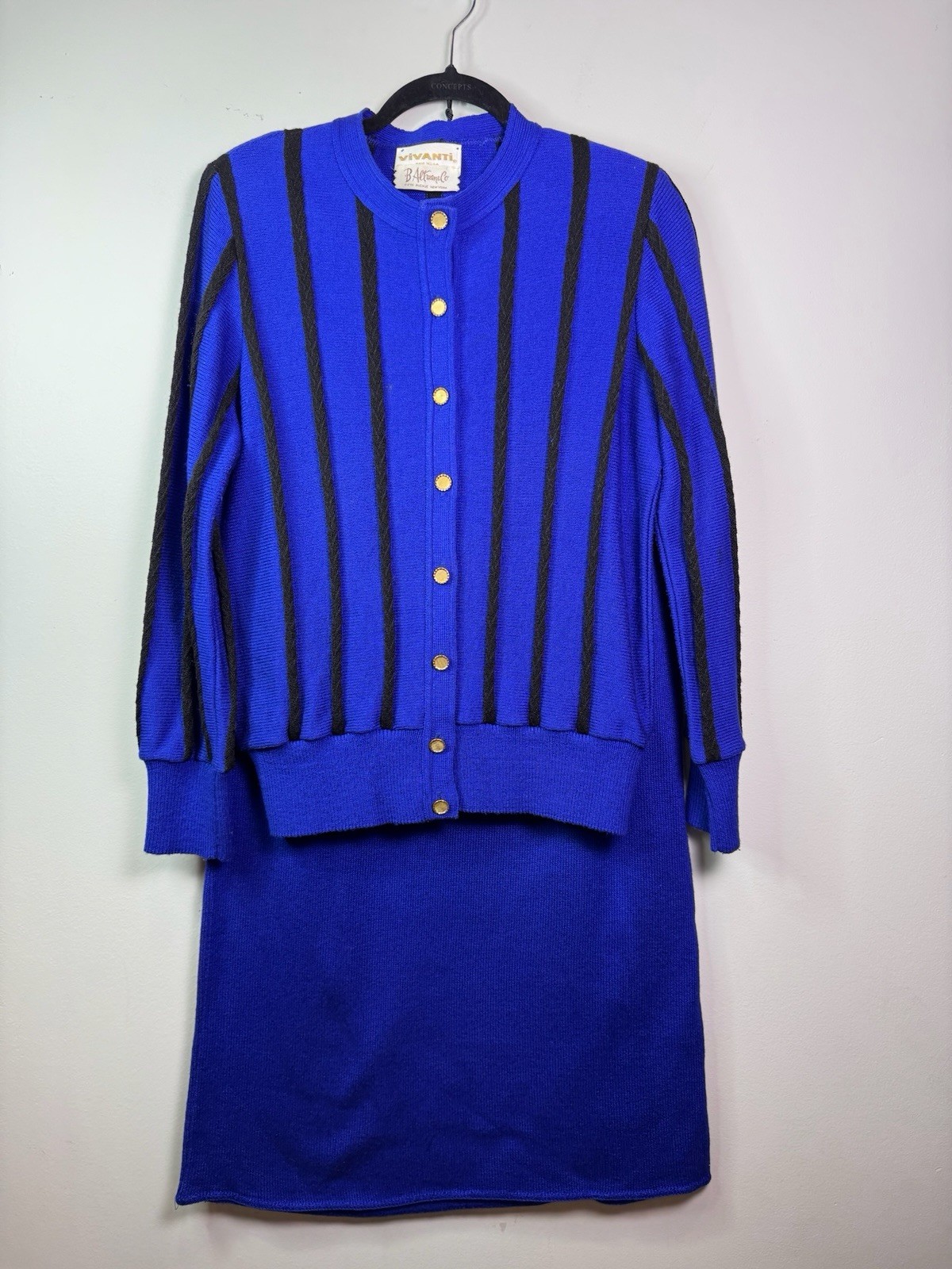 VTG Vivanti B Altman Knit Jacket Skirt Set Blue Black Stripe Gold Button 12 MINT