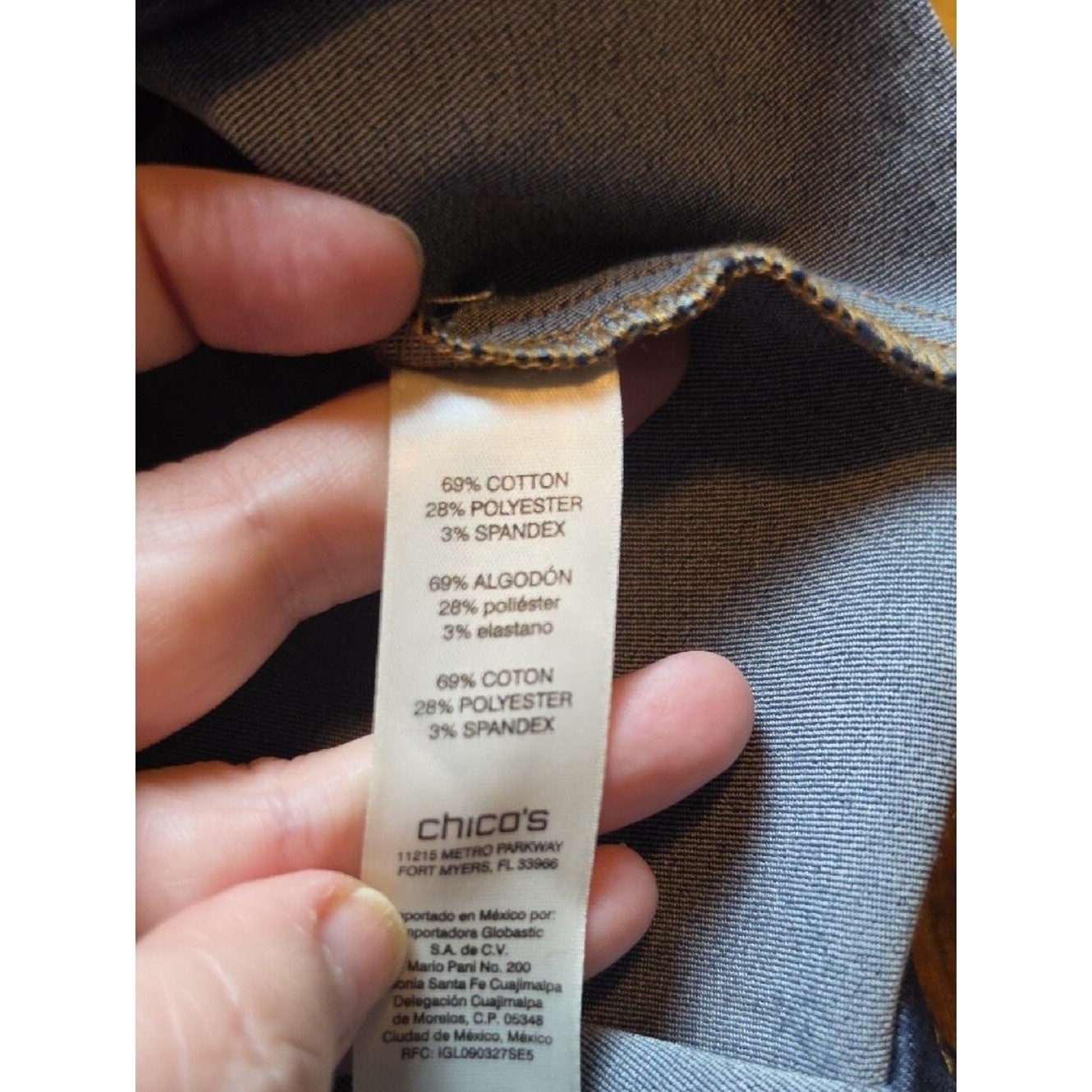 CHICO’S | Denim Pencil Skirt Gold Zip Pocket Stretch Jean Cotton Blend | 16 XL