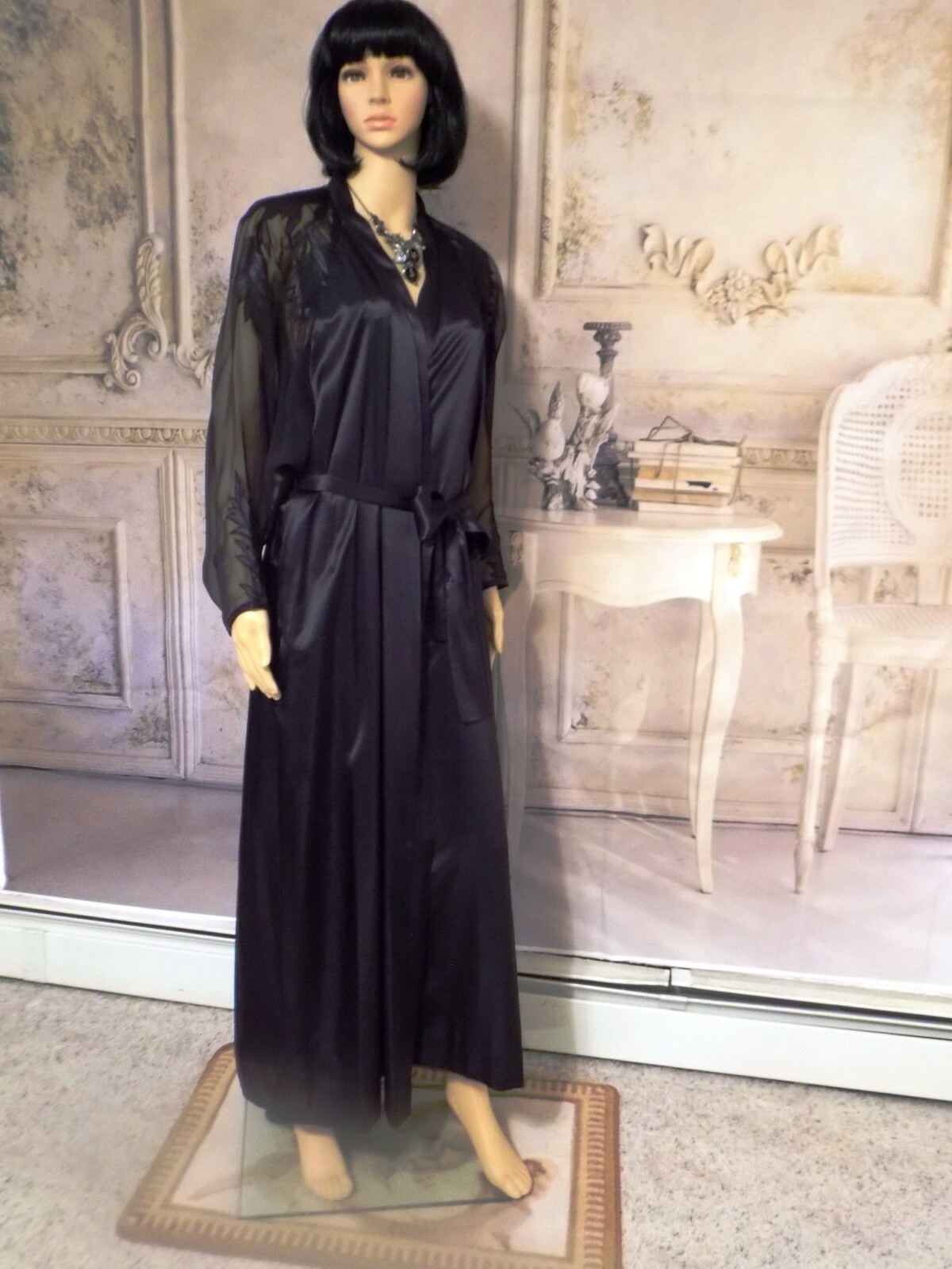 NATORI vintage NWT Montaldo’s Polyester BLACK w/SHEER Sleeves PEIGNOIR L large