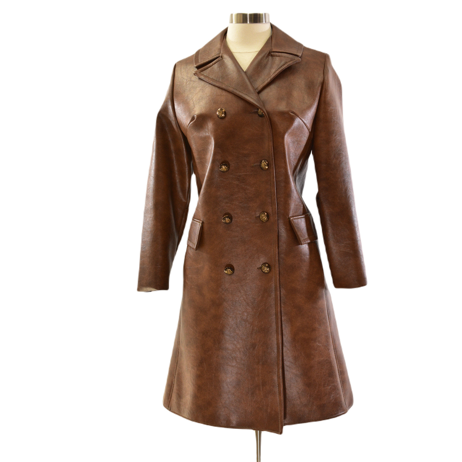 60s Vintage Brown Faux Leather Coat Womens M Double Breasted Mod Trench Jacket