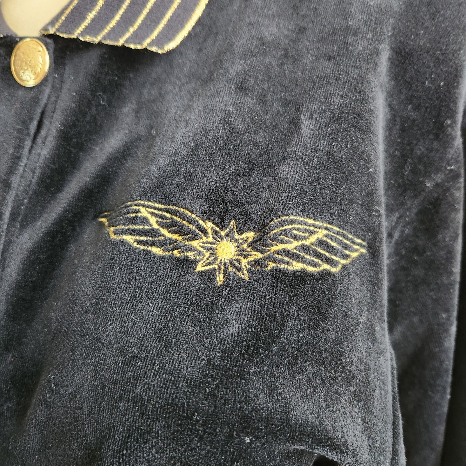 Vintage 80s Black Velour Jumpsuit Size Medium Embroidered Metallic Gold Retro