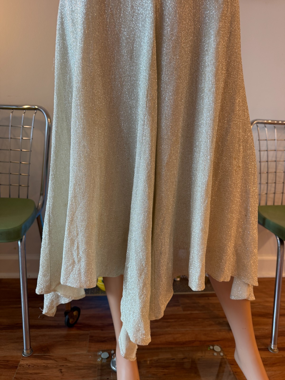 🪩 Vtg 70s Jody Silver Lurex Disco Dress Metallic Knit Asymmetrical Hem S M