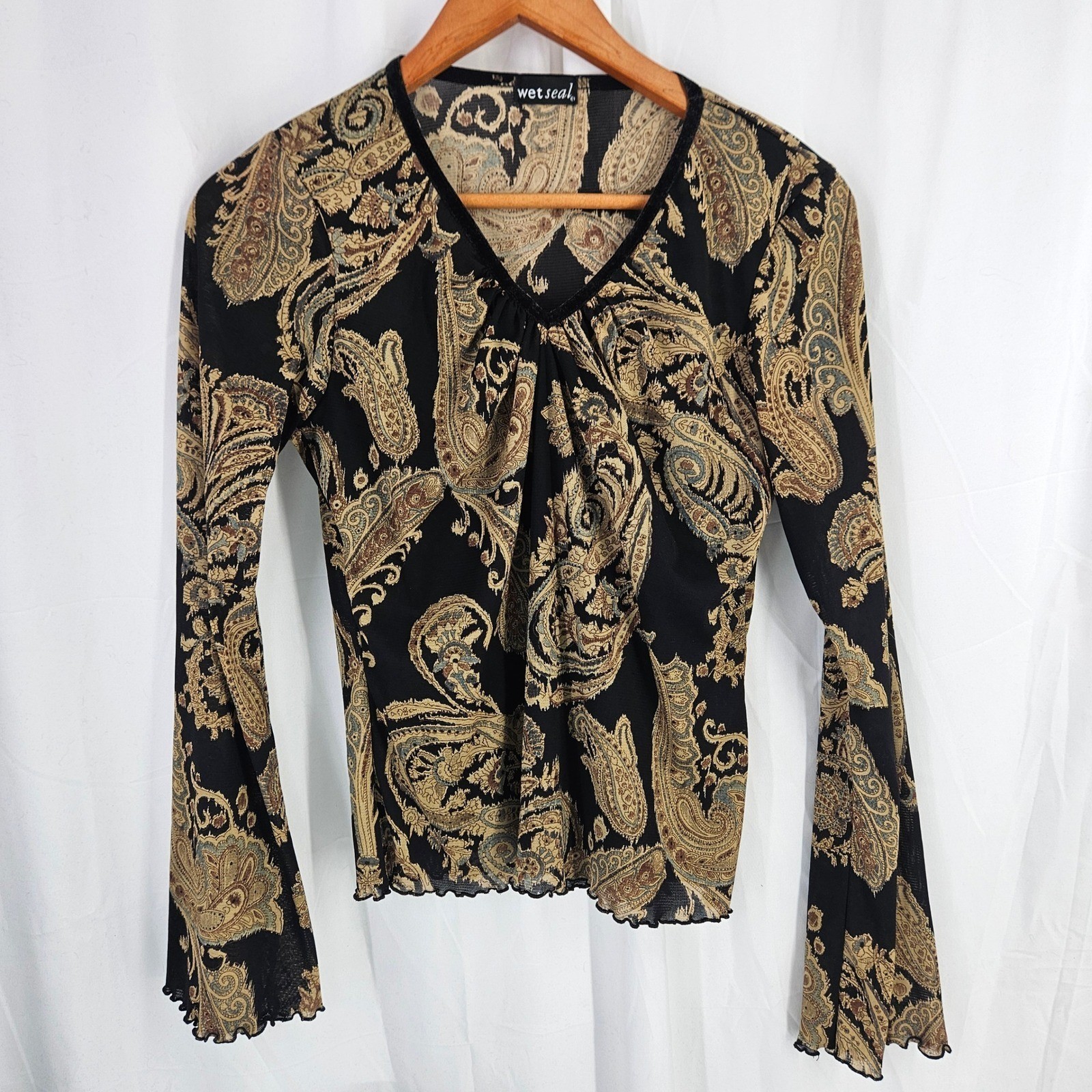 Wet Seal Vtg Y2K Paisley Mesh Long Bell Sleeve Top Black Gold Velvet Curl Trim L