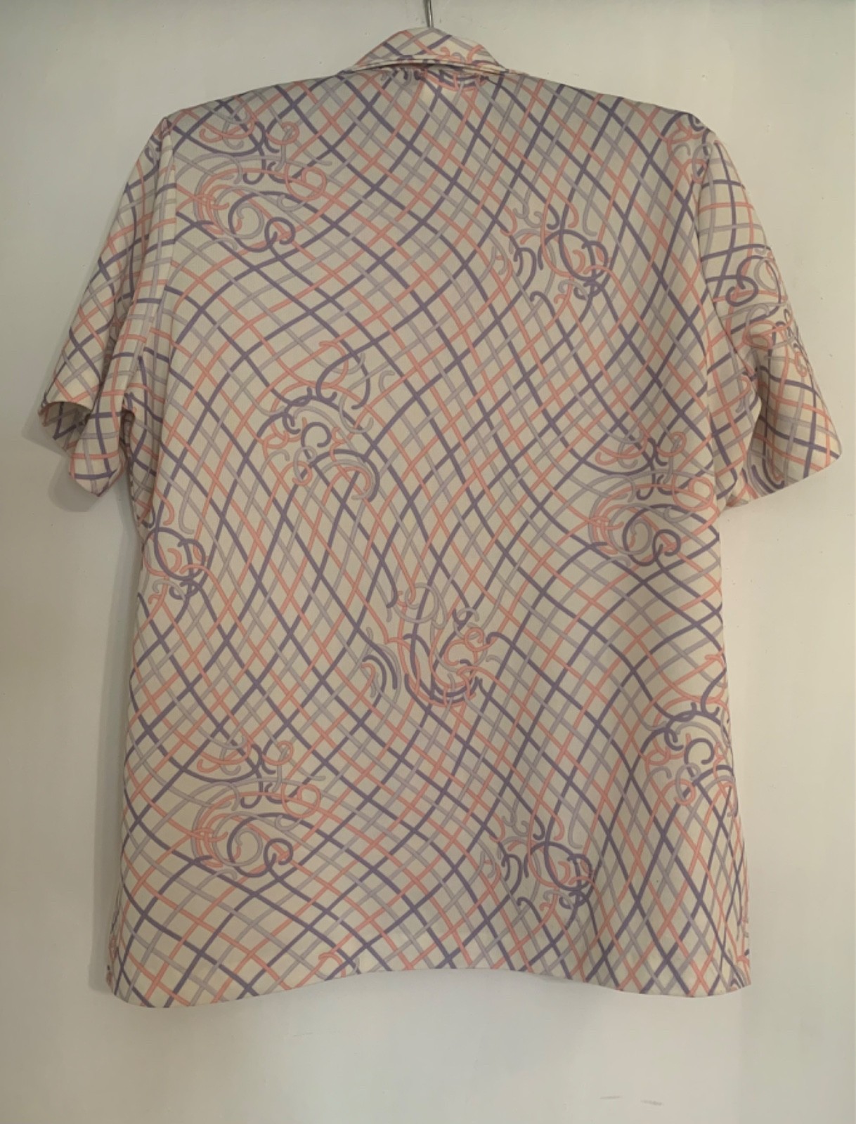 Funky Vintage 70s Women’s Button Down Polyester Top in Ivory, Purple, and Peach