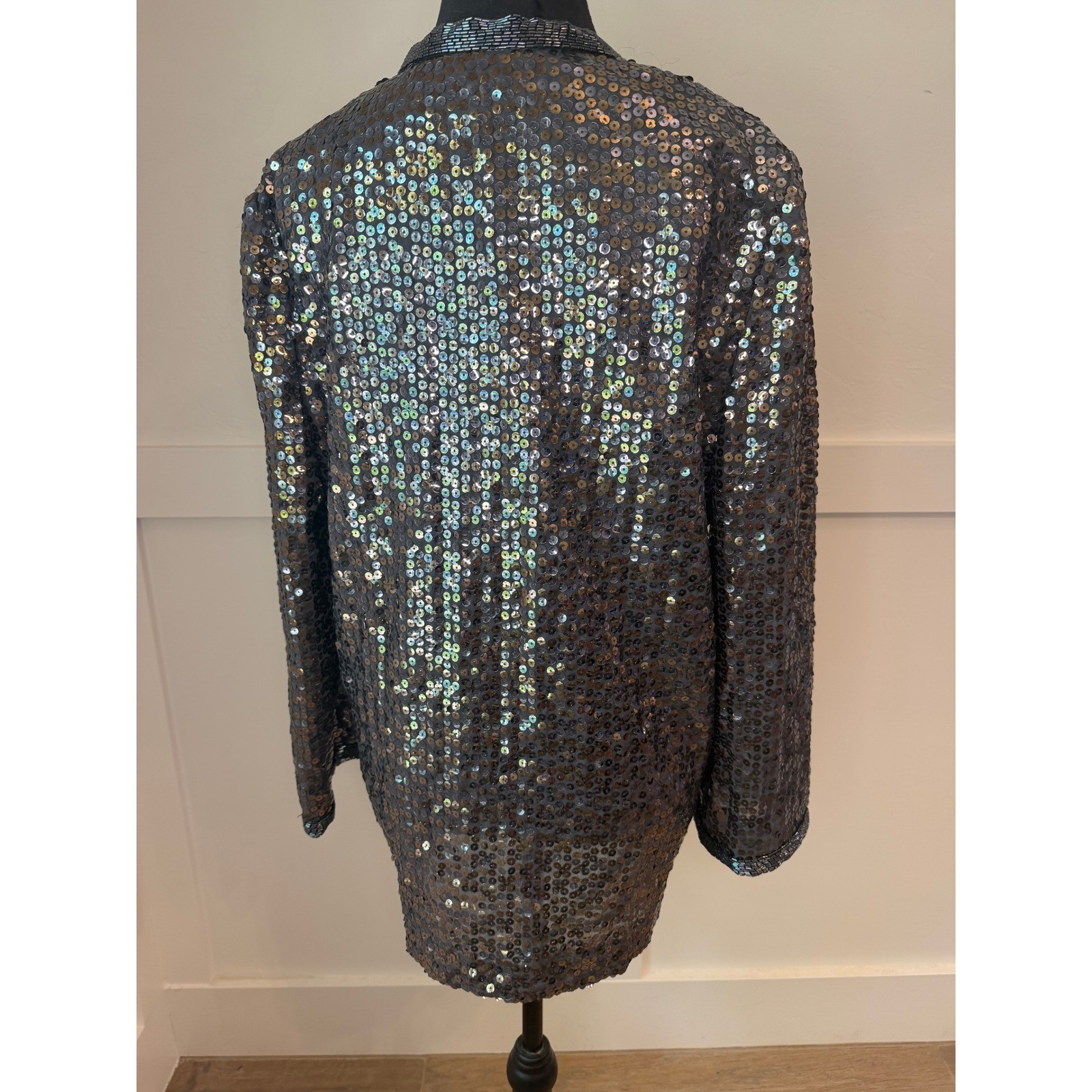 Jill Richards Vintage Sequin Blazer Jacket Gunmetal Grey Beaded Open Front 14