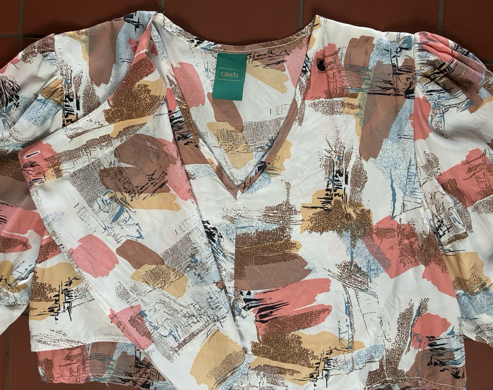Vintage 80s Abstract Crop Top Puff Sleeve Made in West Germany size Large