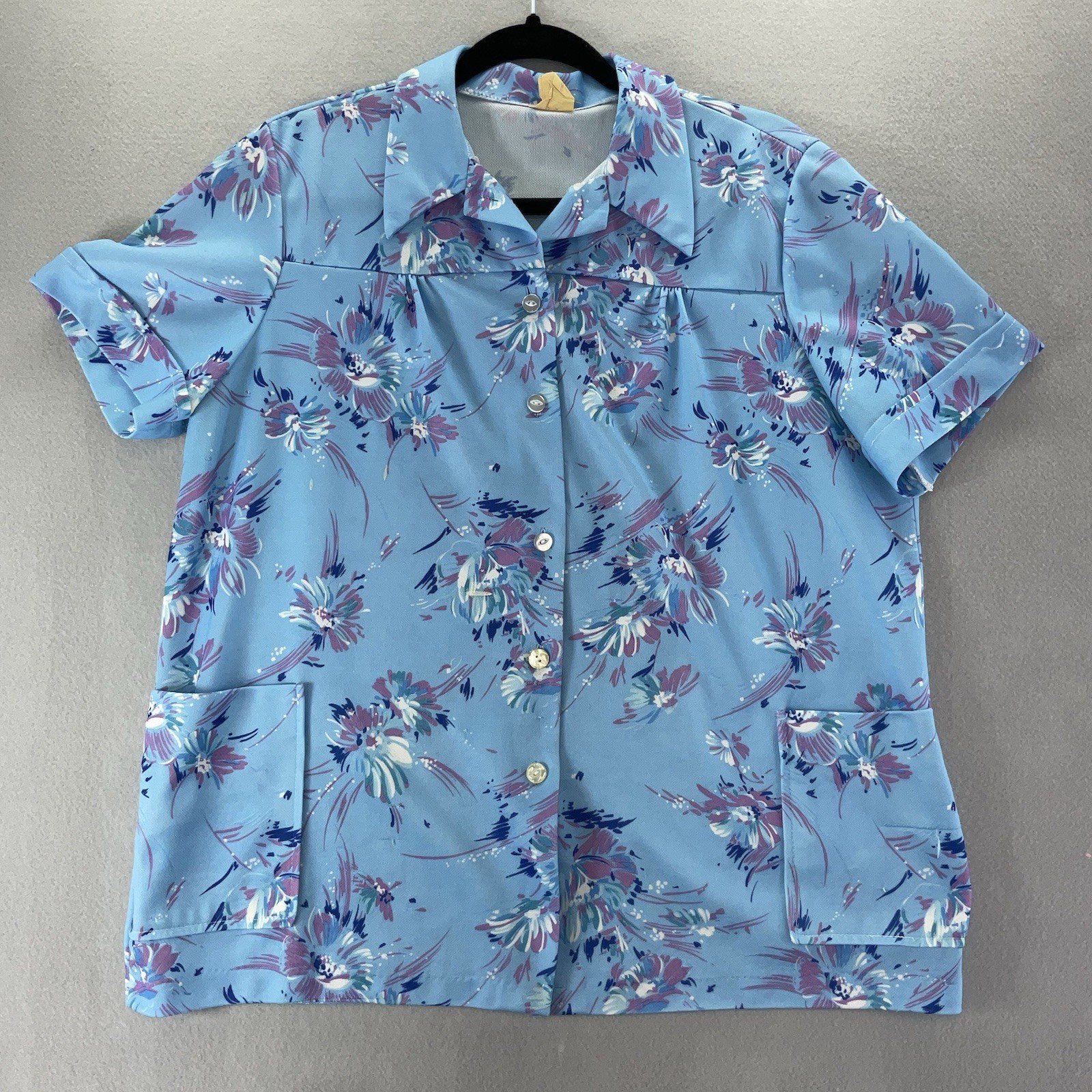 Floral Blue Smock Blouse Top Shirley Of Atlanta Vintage 70s Waitress Uniform