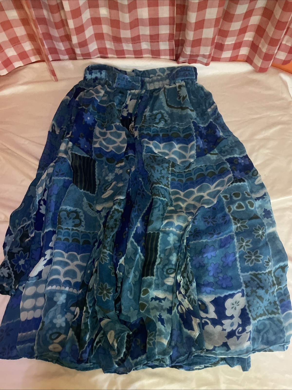 Vintage Silver Stream Garterized Patterned Long Blue Skirt