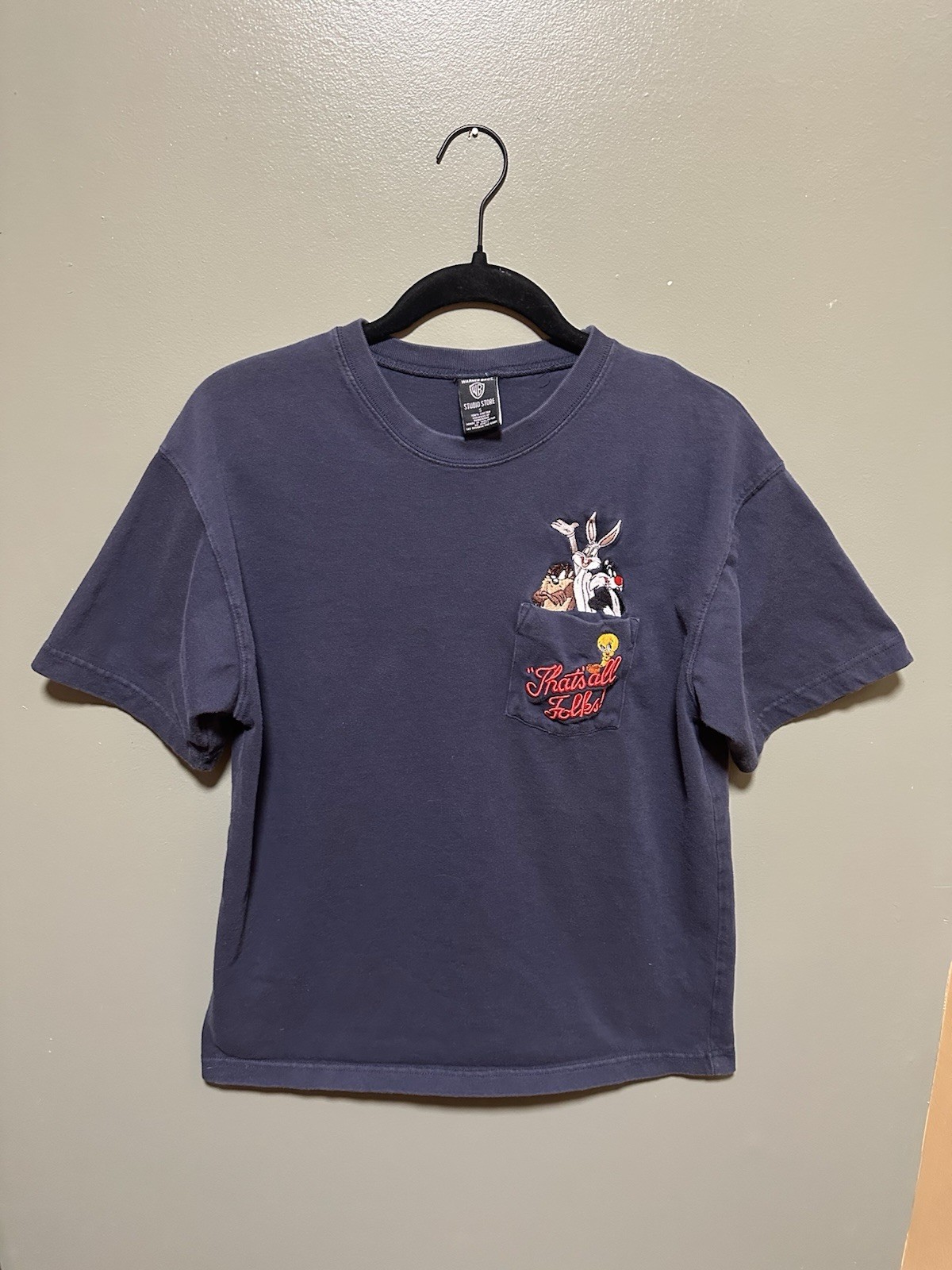 Vtg 90s Warner Bros Studio Store Looney Tunes Embroidered Pocket Tee Small Navy