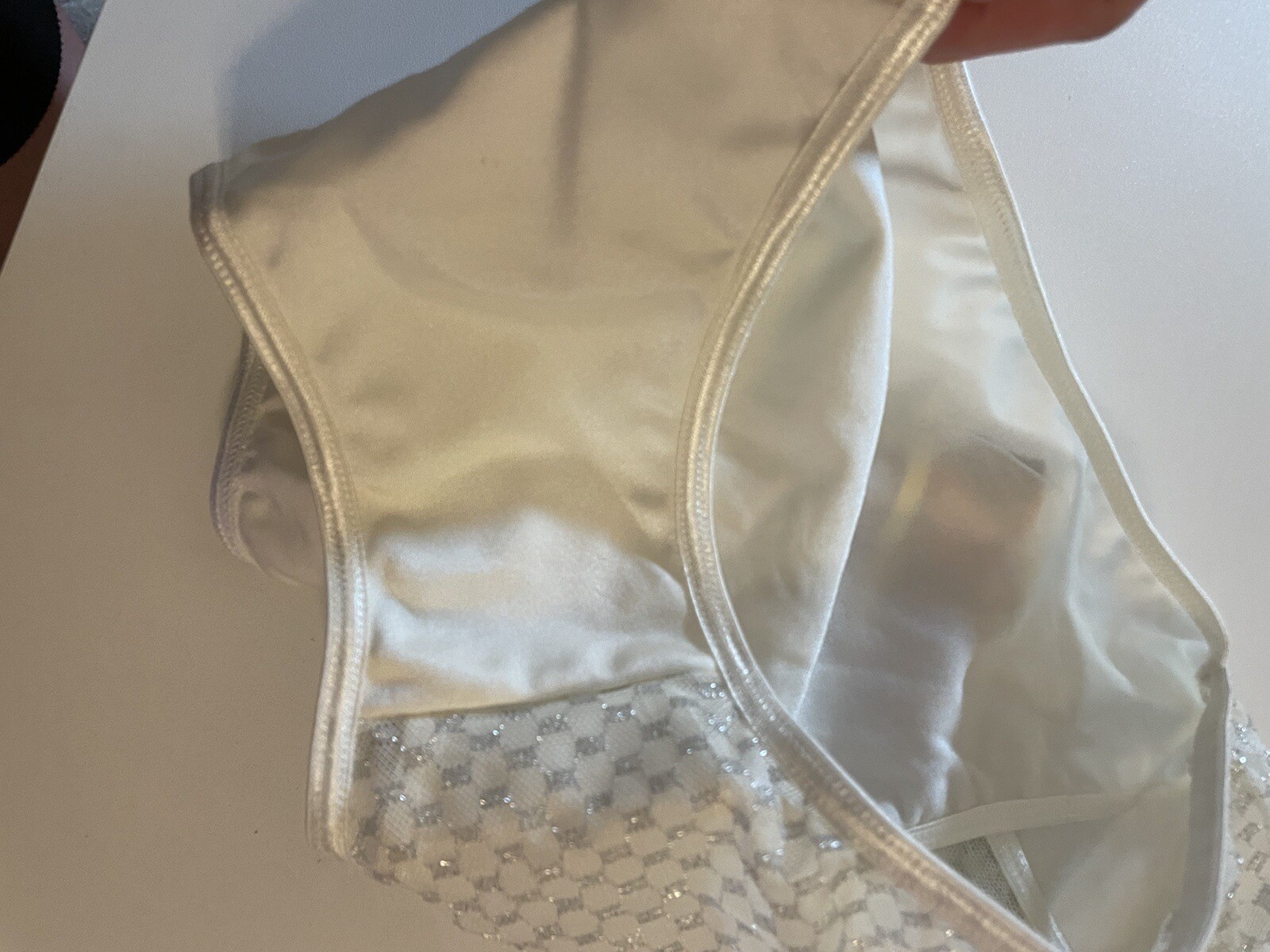 Vntg Illusion White Silver Sheer Double Nylon String Bikini Panties L Sparkly Ne