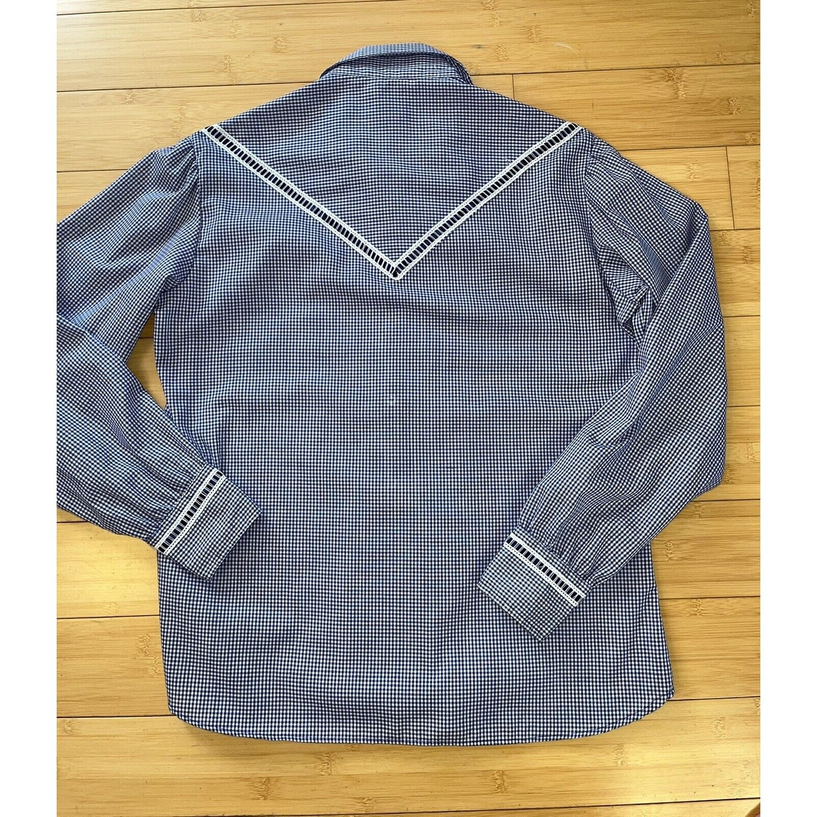 Karman Pearl Snap Buttons Ribbons Long Sleeve Blue Western Rodeo Cowgirl Sz Lrg