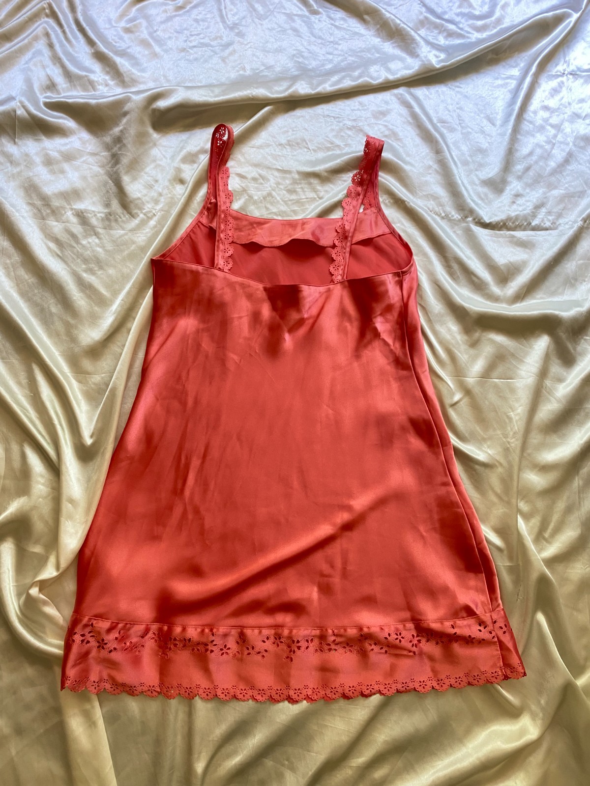 Vintage 1990s Halston Coral Orange Eyelet Half Slip Boho Medium