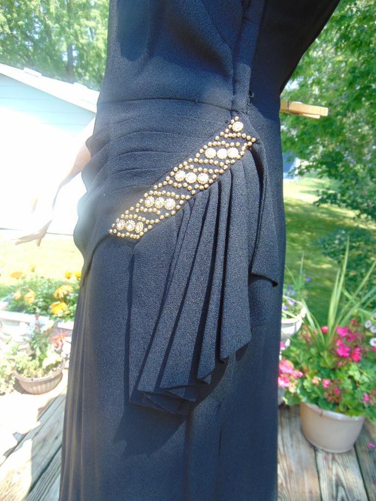 VTG 40s Ted Shore Design Black Crepe Draped & Studded Cocktail Dress 28W