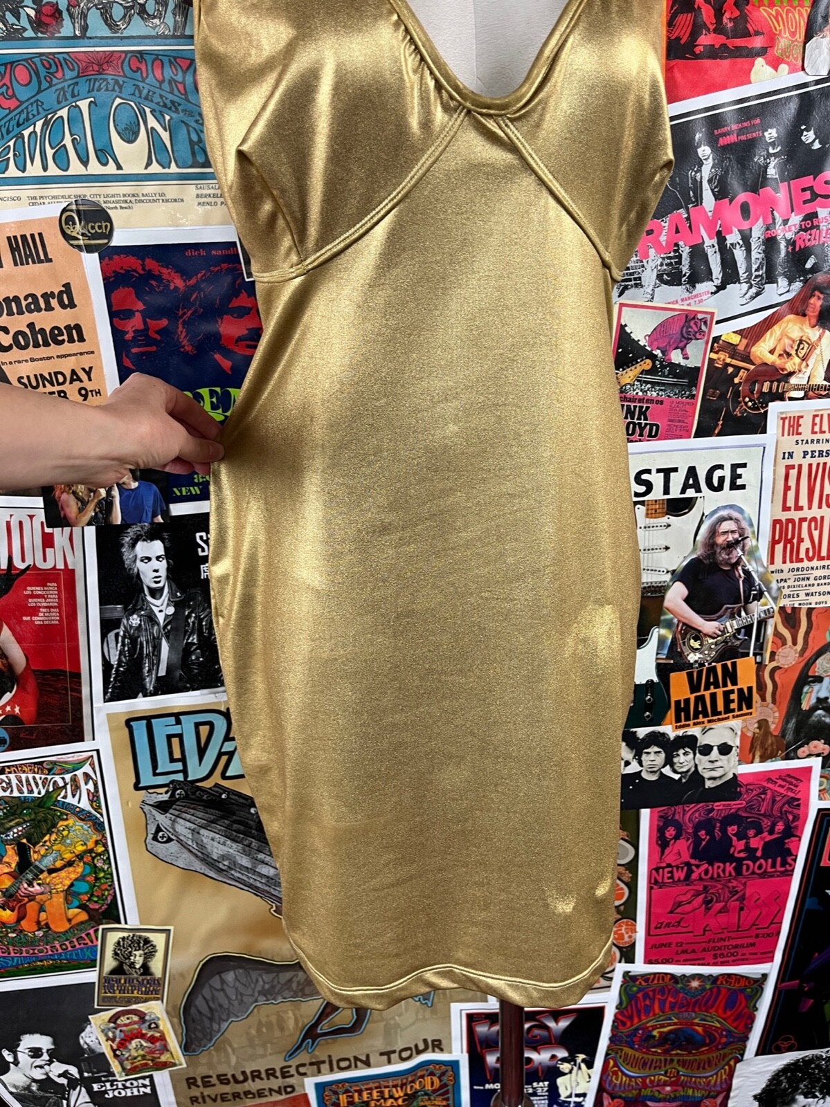 Vtg 90s Metallic Gold Ujena Nylon Spandex Deep V Club Disco Mini Dress Medium