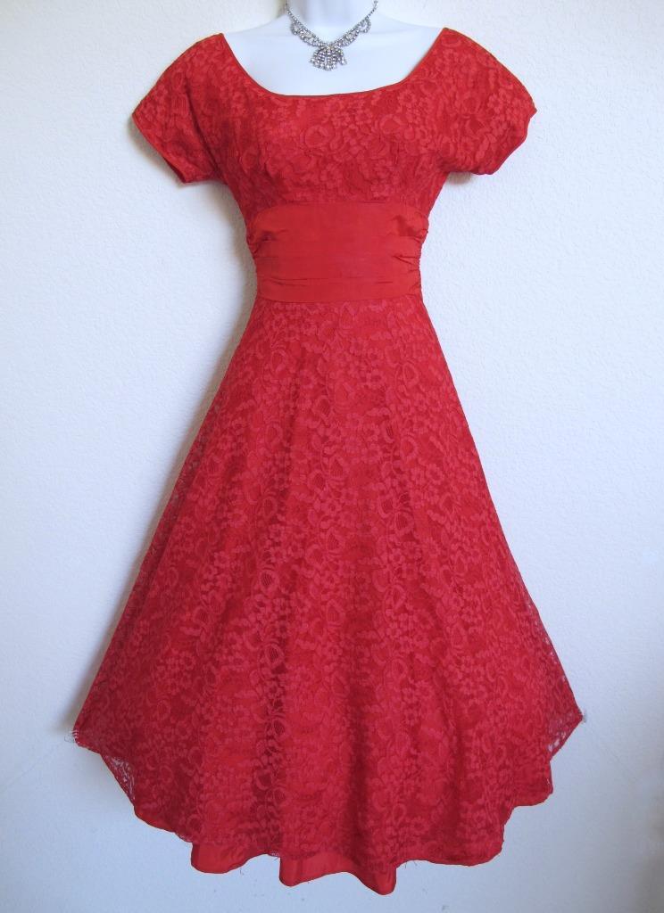 Vintage 50s Valentine Red Lace Party Dress XXS Full Skirt Bustle Back Wasp Waist
