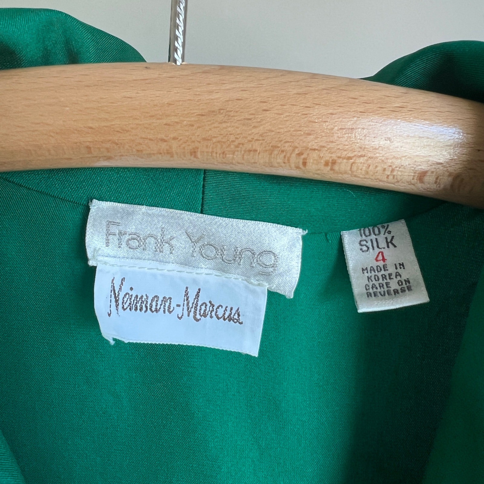 Vintage Frank Young Silk Blouse Emerald Green Scarf Tie Button Up 80s Frenchgirl