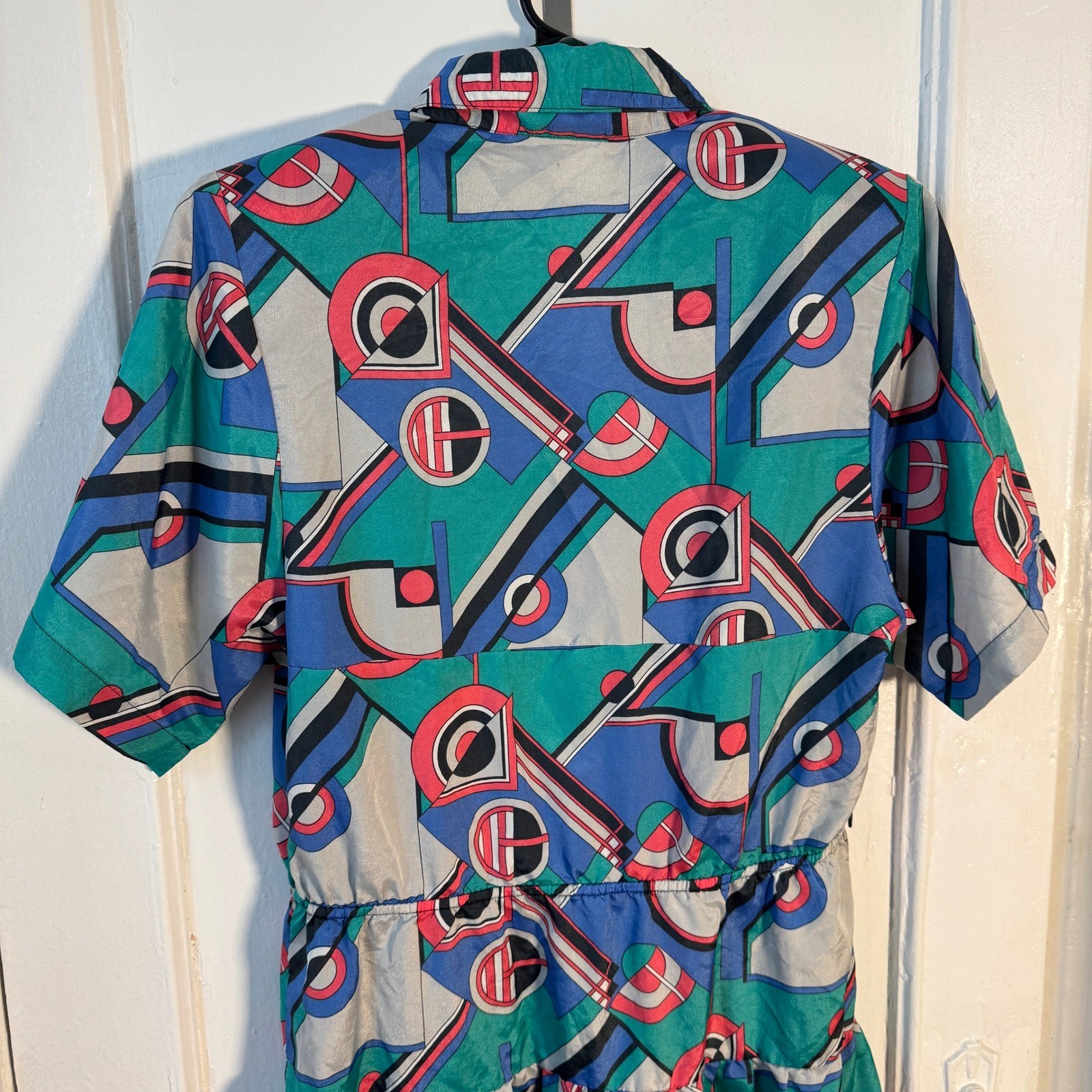 Memphis Vtg 80s Dress Geometric Allyson Holley Abstract Teal Blue L Maximalist