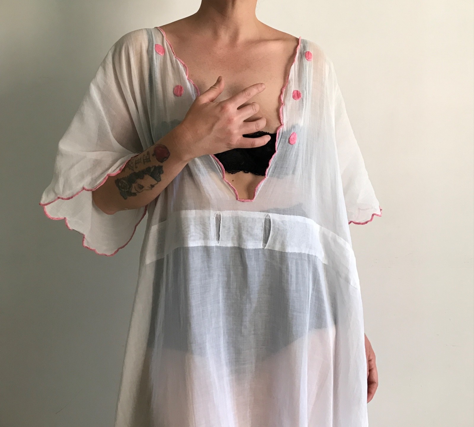 Antique 10s 20s 30s Voile Cotton Sheer Embroidery Pink Peignoir Robe