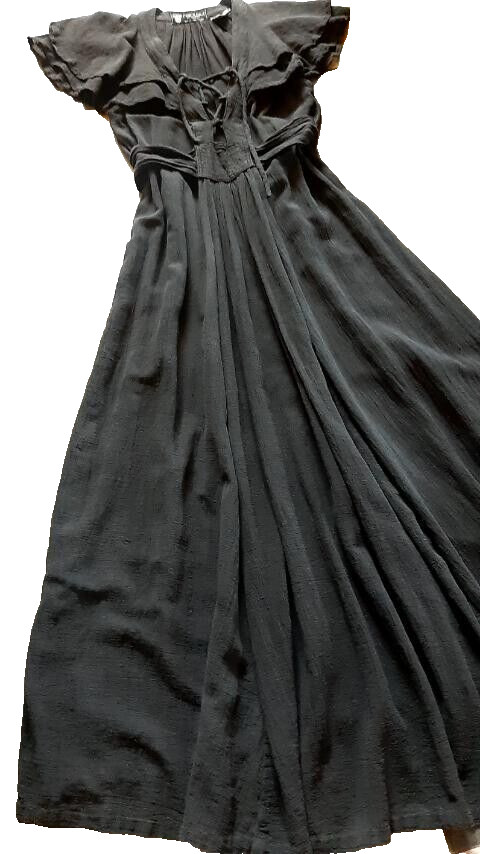 Vintage RADLEY London Black Maxi Sexy Cotton Dress Wing Sleeves Size 12-36″/91cm