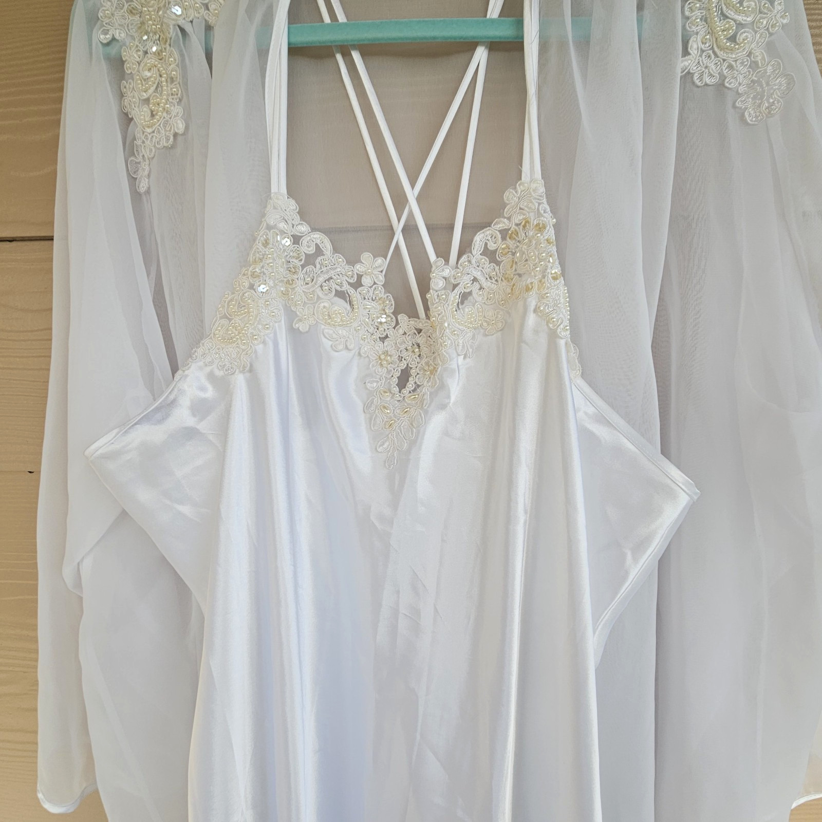 Vintage Intimo Amore White Beaded Satin Bridal Nightgown Sz XL & Sheer Robe Sz L