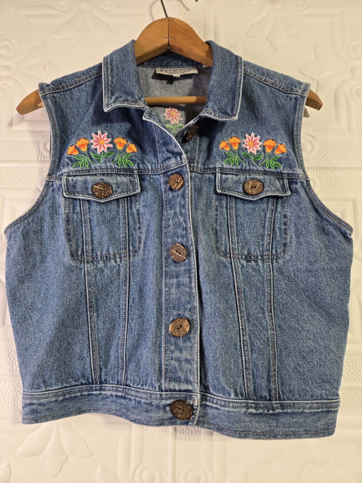 Vintage 90’s Floral Denim Vest Womens Sz M Portraits by Northern Isles Button-Up