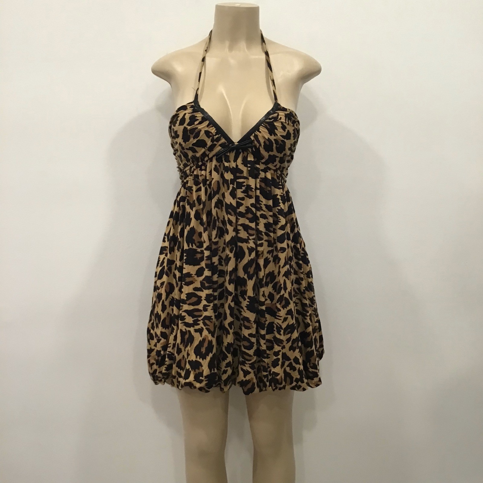 Vintage Y2K Betsey Johnson Bubble Hem Halter Dress Leopard Print Size 2