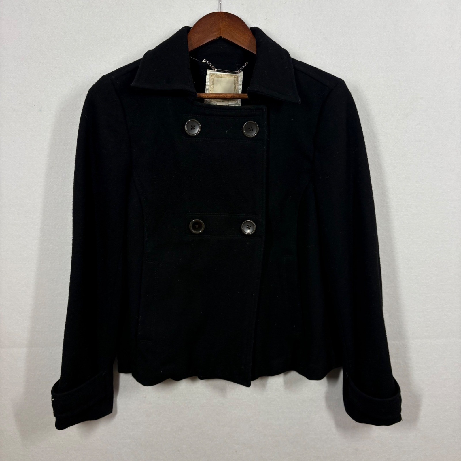 VTG Y2K Pea Coat Womens Medium Black Wool Double Breasted Classic Old Navy 2000s