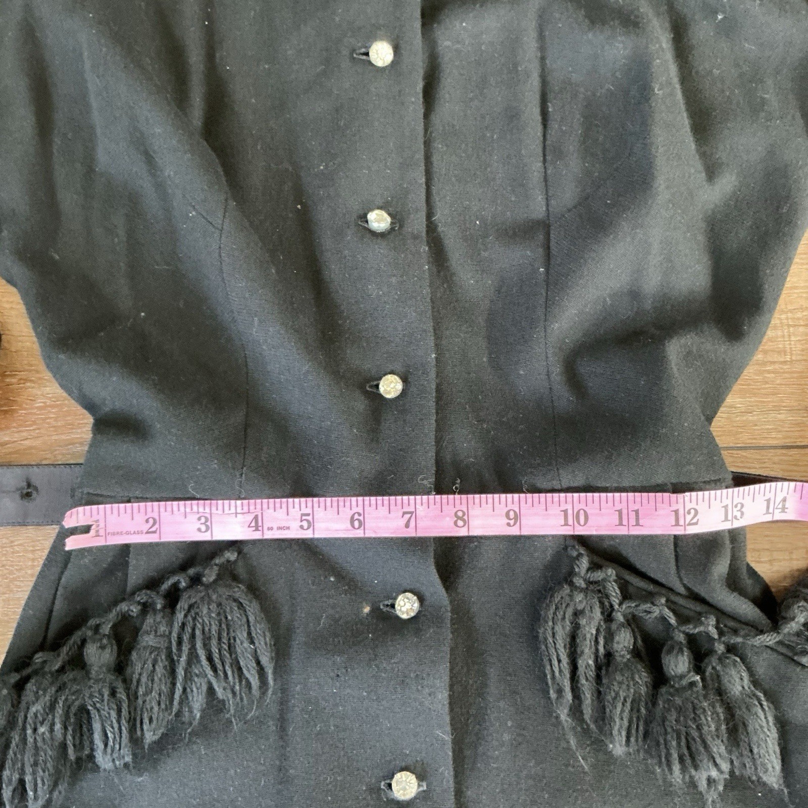 VINTAGE Black Wool Midi Dress Fringe Pockets Belt Button Front Size S/M #8D4