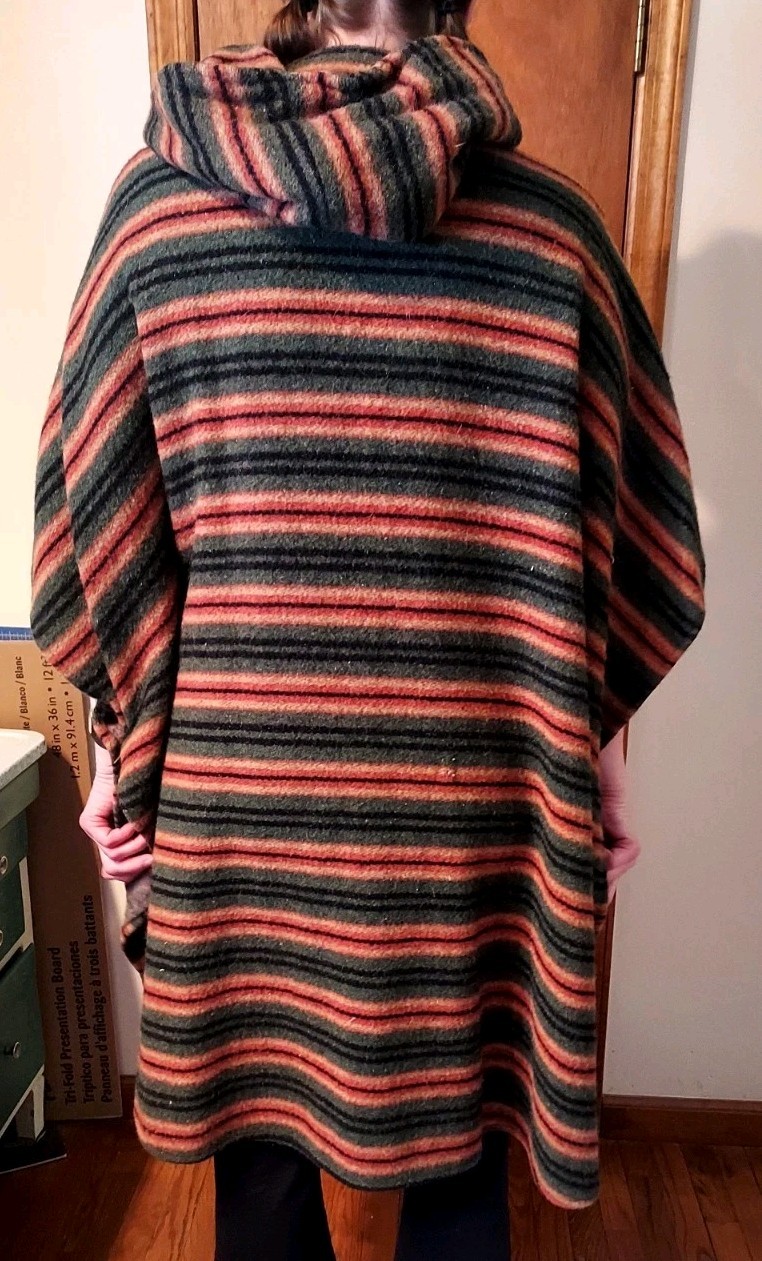 Vintage Handmade Peruvian Wool Striped Coat/Cape/Poncho 2 Front Pockets & Hood