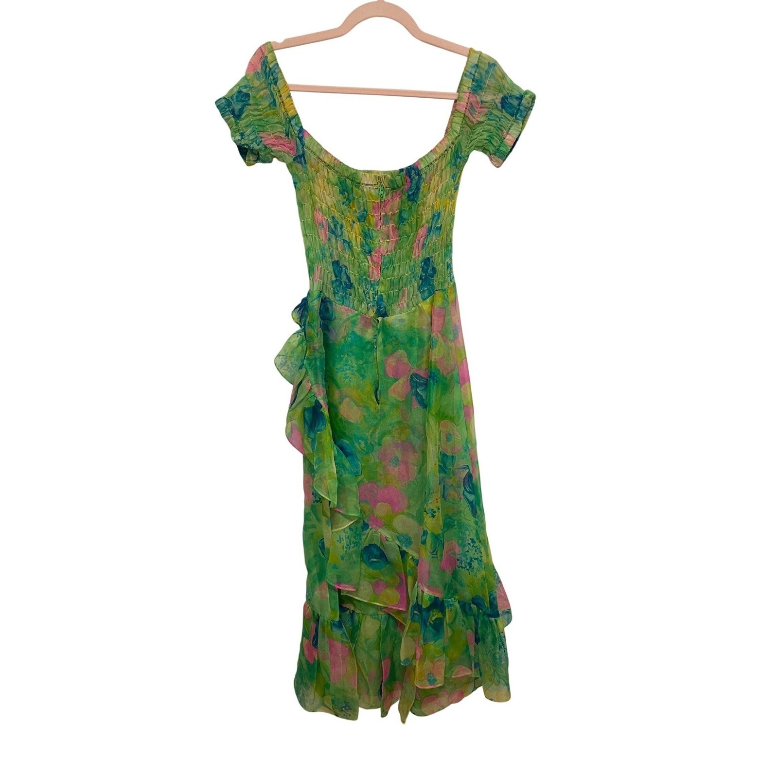 Vintage Floral Maxi Dress Chiffon Green Pink Blue Ruffle Wrap Skirt Smocked Top