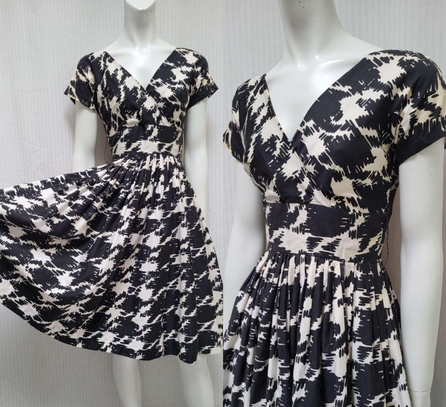 Vintage 1950s Fit and Flare Black & White Cotton Sateen Dress – Size XXS