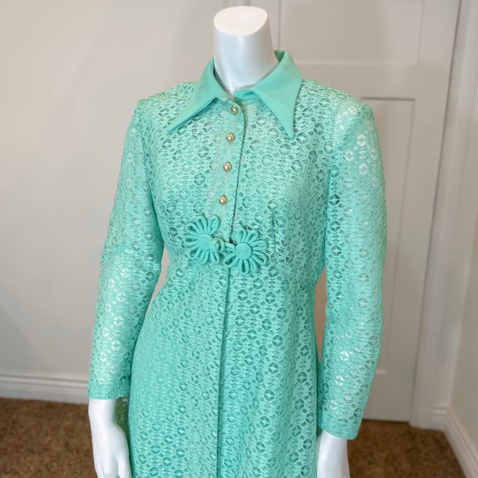 Vintage 70’s LACE MAXI SHIRT JACKET x DRESS SET M MCM Retro Green Suit Evening