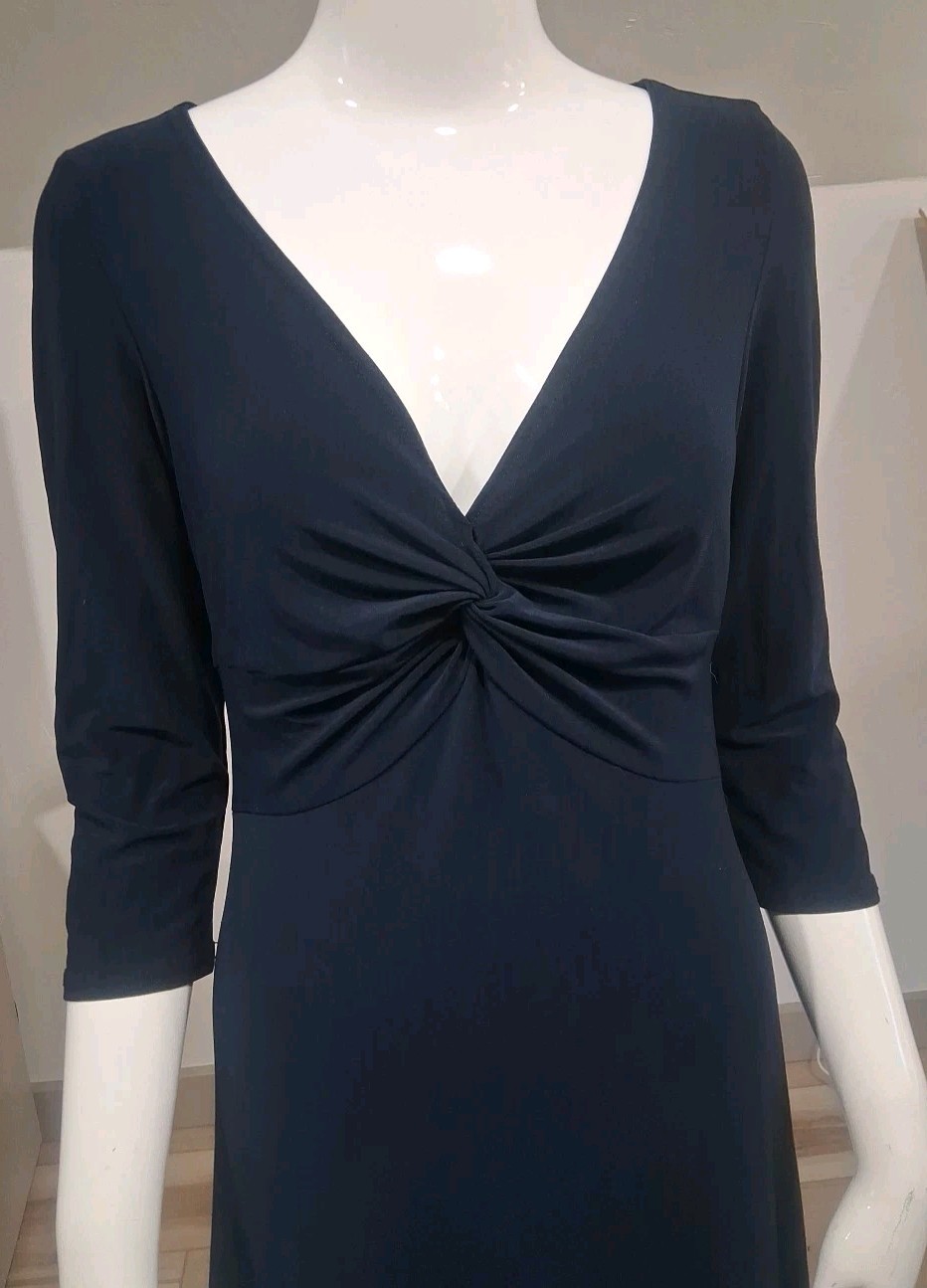 Vtg 80s Joseph Ribkoff Dress Size 8 3/4 Sleeve V Neck Navy Blue Stretch Slinky