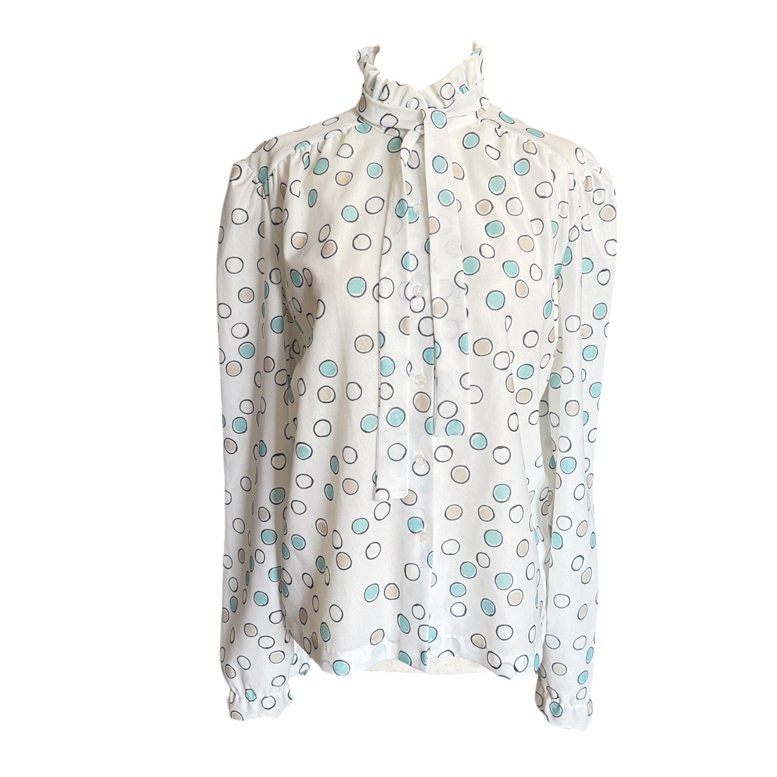 Vintage 80s Cape Cod Abstract Polka Dot Tie Neck Pussy Bow Secretary Blouse M/L
