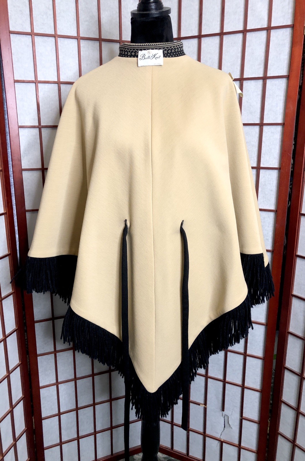 Vintage 60s 70s BUTTE KNIT Polyester Black Beige Fringe Belted Poncho Coat Dress